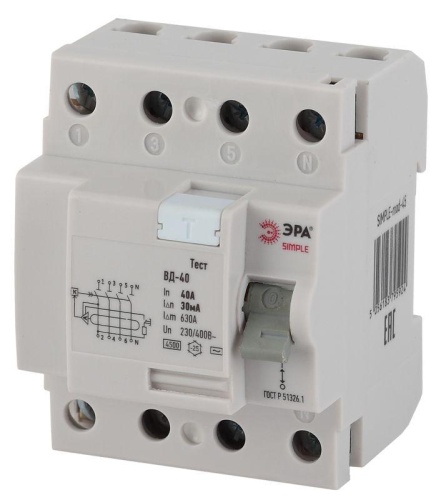Выключатель дифференциального тока (УЗО) 4п 40А/30мА ВД-40 (электронное) SIMPLE-mod-45 | Код. Б0039265 | ЭРА